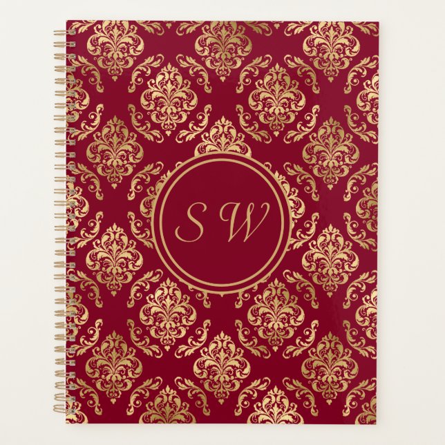 Name Initials Gold Damask On Burgundy Wedding  Planner (Front)