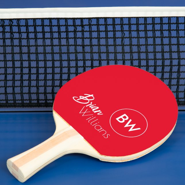 Name & Initials Monogram on cool RED Ping Pong Paddle (Insitu)