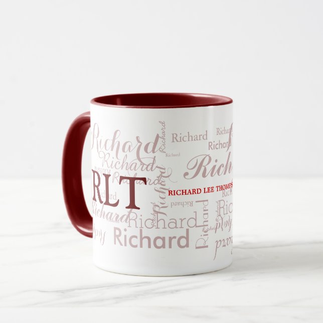 name & initials personalised typography maroon mug (Front Left)