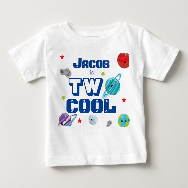 Name is Two Cool Space Planets stars birthday Baby T-Shirt (Front)