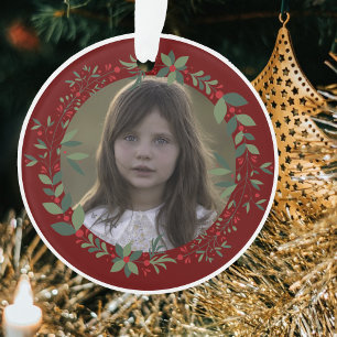 Name Kid's Photo Burgundy Christmas Wreath Ornament