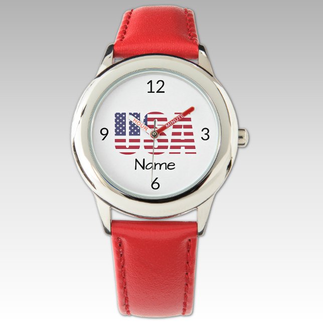 Name, Kids Stainless Steel Red Leather Strap Watch (Creator Uploaded)