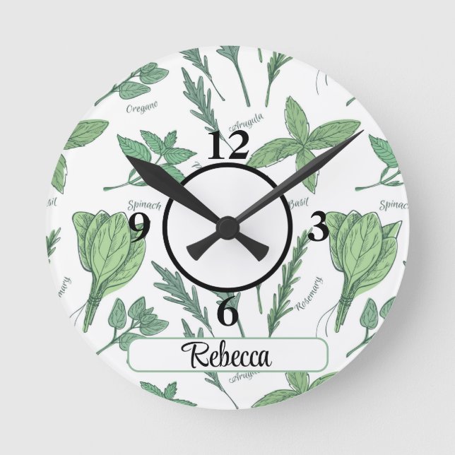 Name Kitchen Green Leafy Vegs & Herbs 8-in Acrylic Round Clock (Front)