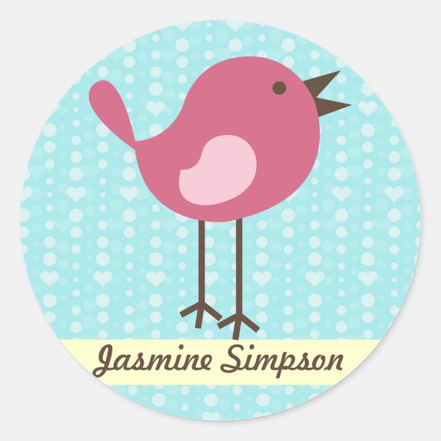 Name Labels/Stickers Pink Bird - Blue Heart Design Classic Round Sticker (Front)