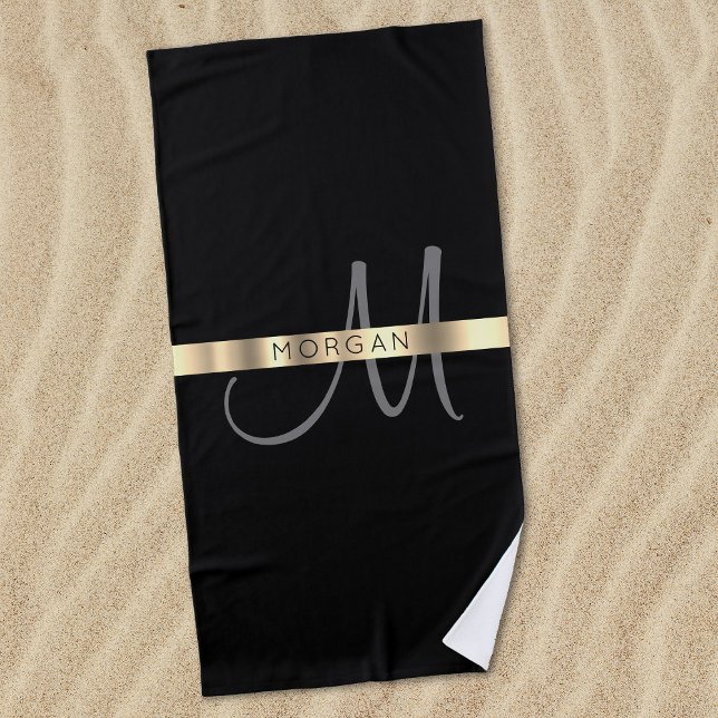 Name & Large Monogram, Dark Grey Black Gold Beach Towel (Creator Uploaded)