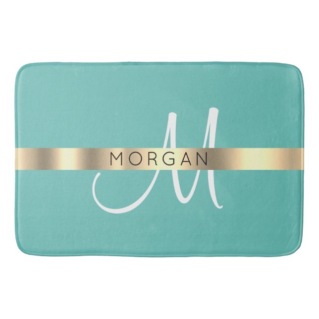 Name & Large Monogram, Light Teal Black Gold Bath Mat (Front)