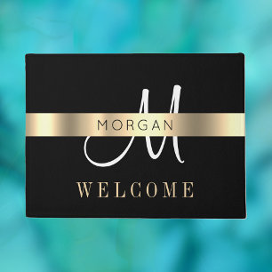 Name & Large Monogram, Message, Black White Gold Doormat