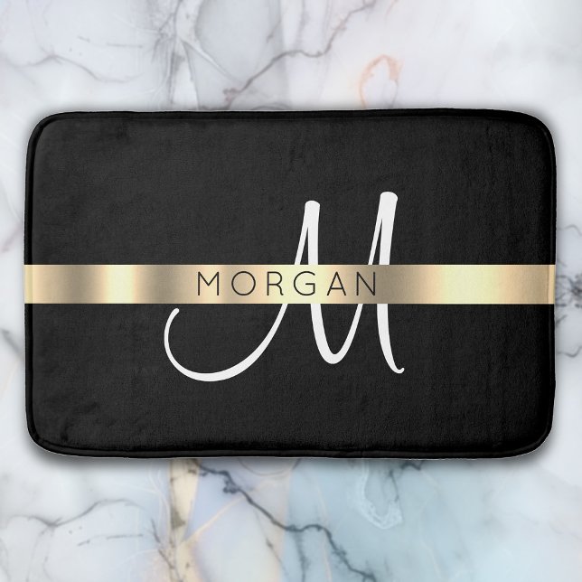 Name & Large Monogram, White Black Gold Bath Mat (Creator Uploaded)