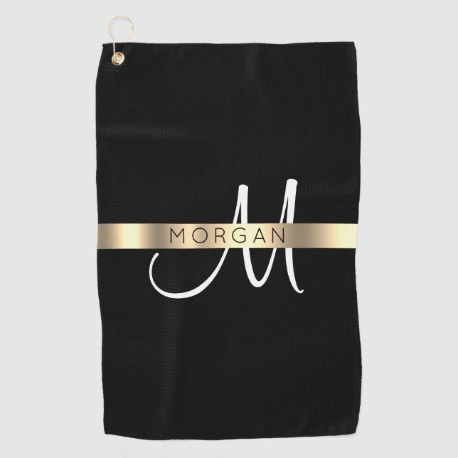Name & Large Monogram, White Black Gold Golf Towel (Front)
