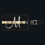 Name & Large Monogram, White Black Gold Luggage Tag<br><div class="desc">Personalise black name and large white monogram on this elegant faux metallic gold stripe design on black background.</div>