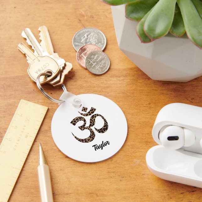 Name, Leopard Print Om Symbol 2-in Aluminium Key Ring (Desk)