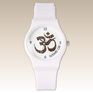 Name Leopard Print Om Symbol White Silicone Watch