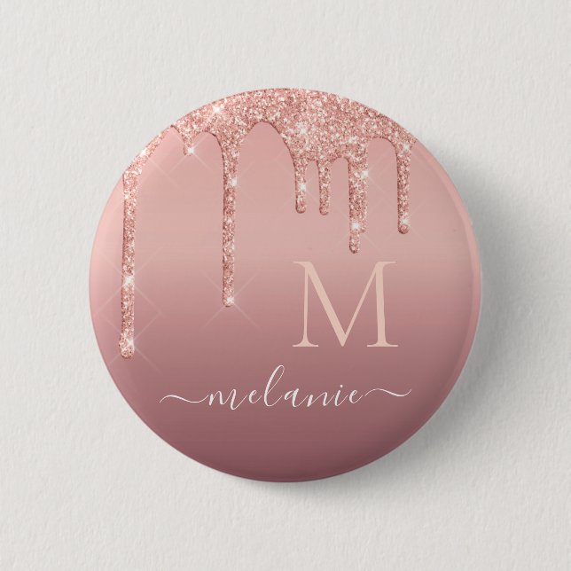 Name Letter Button Rose Gold Blush Glitter Drips (Front)