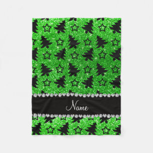 Name lime green glitter christmas trees stars fleece blanket