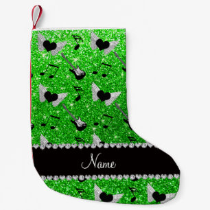 Name lime green glitter guitars heart wings music small christmas stocking