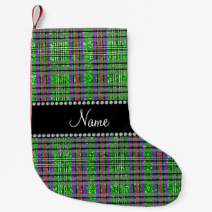 Name lime green glitter pink purple plaid small christmas stocking