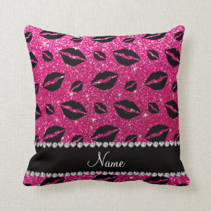 Name lipstick kisses neon hot pink glitter cushion