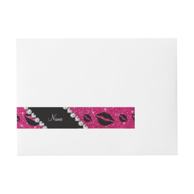 Name lipstick kisses neon hot pink glitter wraparound address label (Front)