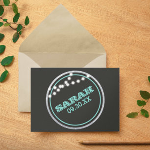 Name Logo and Date Chalkboard Lights Teal  Note Card