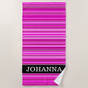 Name + Magenta and Pink Stripes/Lines Pattern Beach Towel