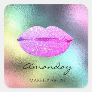 Name Makeup Artist Rose Lips Pink Holographic Square Sticker