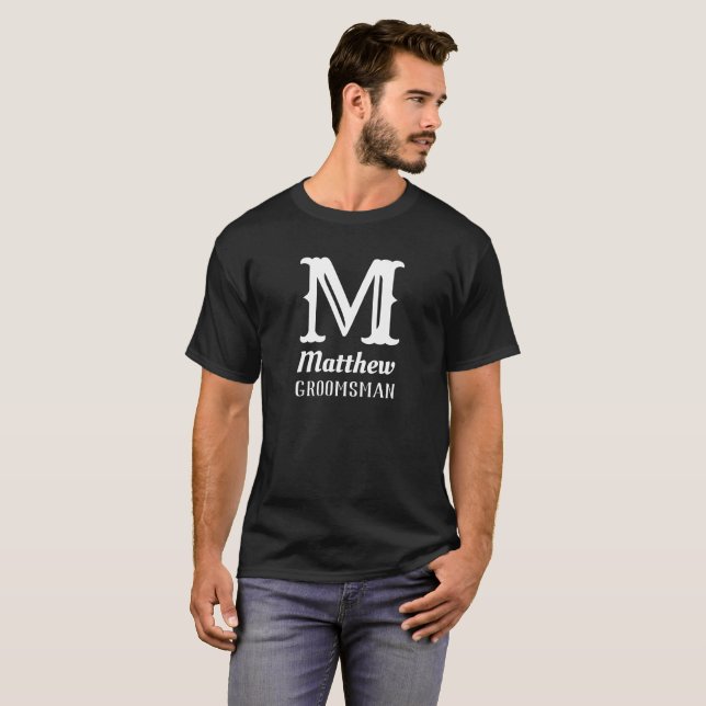 Name Masculine Monogrammed Groomsman Wedding Black T-Shirt (Front Full)