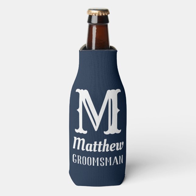 Name Masculine Monogrammed Groomsman Wedding Navy Bottle Cooler (Bottle Front)