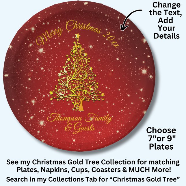Name Matching Set Christmas Red Gold Tree Stars 7" Paper Plate (Creator Uploaded)