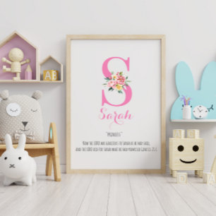 Name Meaning Monogram Watercolor Flower Poster