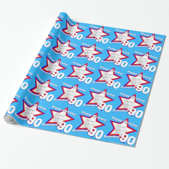 Name mens double figure 90 age photo star pattern wrapping paper (Unrolled)