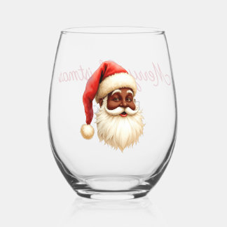 Name Merry Christmas African American Santa Claus Stemless Wine Glass