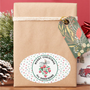 Name, Merry Christmas, Mistletoe Candy Pattern Oval Sticker