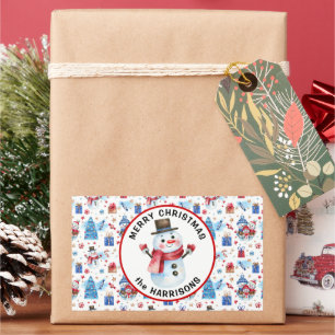 Name, Merry Christmas, Retro Snowman Pattern Rectangular Sticker