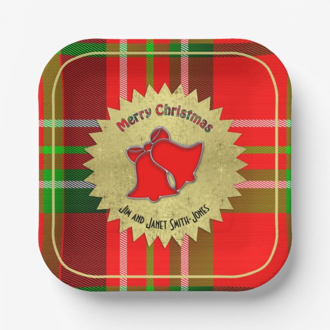 Name - Merry Christmas Typography Red Green Tartan Paper Plate (Front)