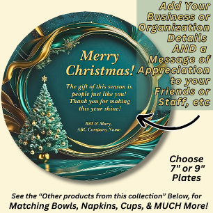 Name Message Company Green Gold Christmas Tree 7" Paper Plate