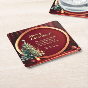 Name Message Company Red Gold + Christmas Tree Square Paper Coaster