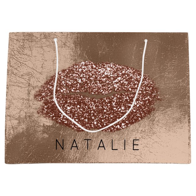 Name Metal Kiss Lips Glitter Skinny Bronze Gold Large Gift Bag (Front)