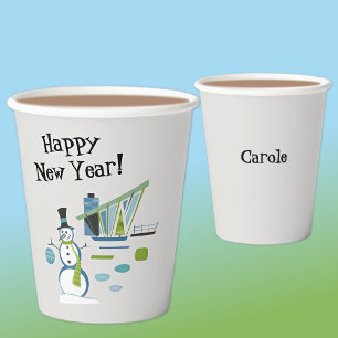 Name, Mid Century Snowman Happy New Year Paper Cups