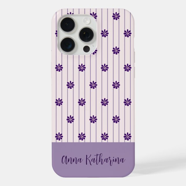 Name Modern Blush & Violet Stripes Floral Pattern iPhone Case (Back)