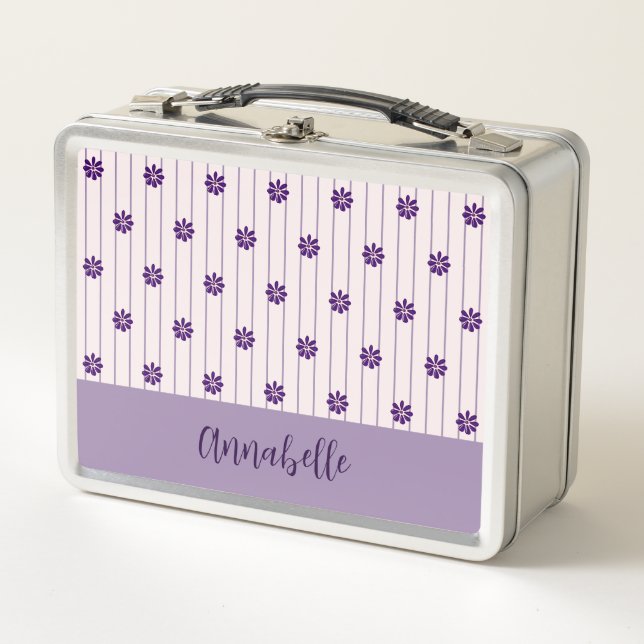 Name Modern Blush & Violet Stripes Floral Pattern Metal Lunch Box (Front)