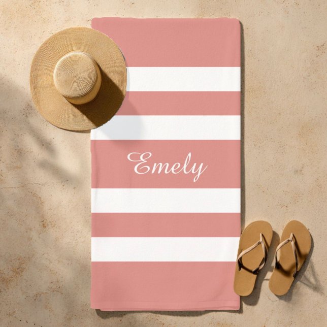 Name Modern Coral Pink And White Stripes Pattern Beach Towel (Modern Name Coral Pink Striped Pool Beach Towel)
