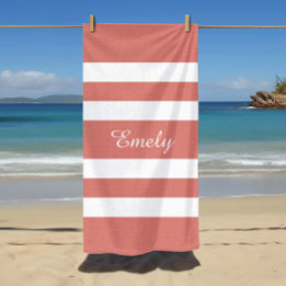 Name Modern Coral Pink And White Stripes Pattern Beach Towel