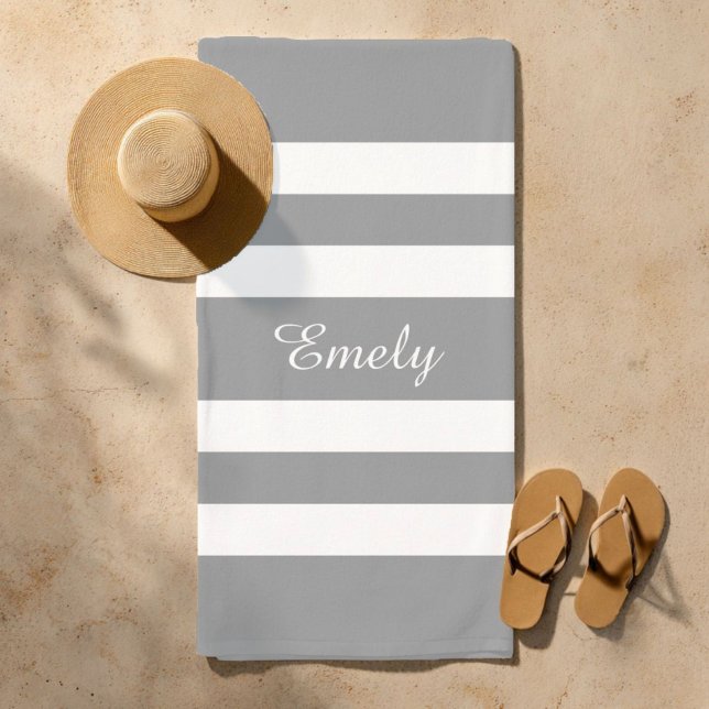 Name Modern Elegant Grey And White Stripes Pattern Beach Towel (Modern Name Gray Striped Pool Beach Towel)