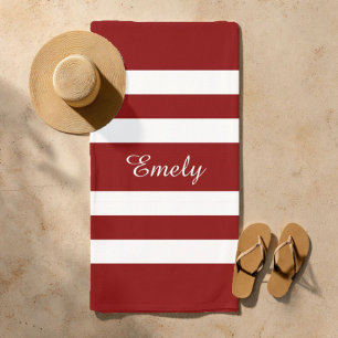 Name Modern Elegant Red And White Stripes Pattern Beach Towel