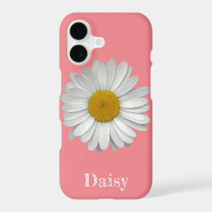 Name Modern Elegant White Daisy Flower Coral Pink