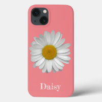 Name Modern Elegant White Daisy Flower Coral Pink