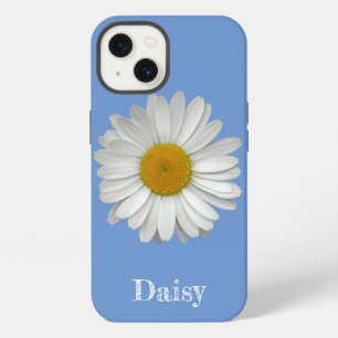 Name Modern Elegant White Daisy Flower on Blue iPhone 13 Case