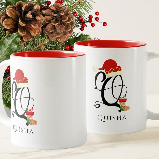 Name Modern Script Monogram Letter Q Christmas Two-Tone Coffee Mug (Creator Uploaded)