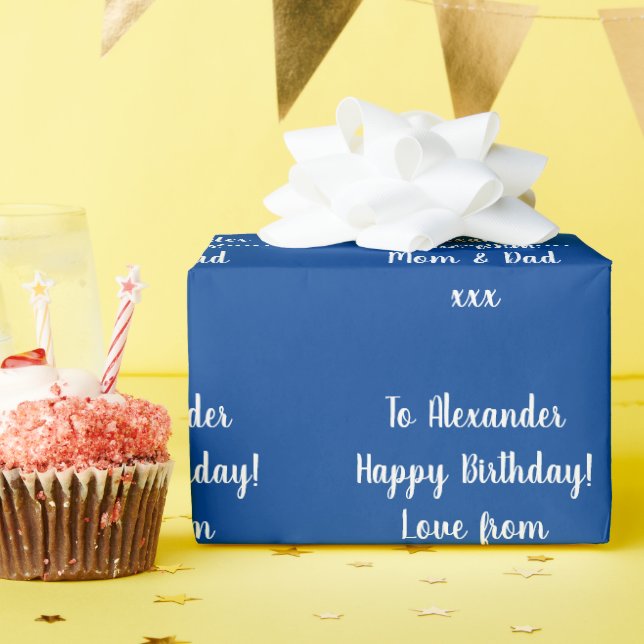 Name Modern Script Typography Blue Happy Birthday Wrapping Paper (Birthday Party)