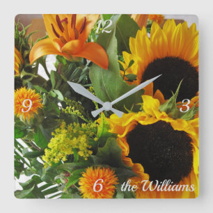 Name, Modern Sunflowers Print Square Wall Clock